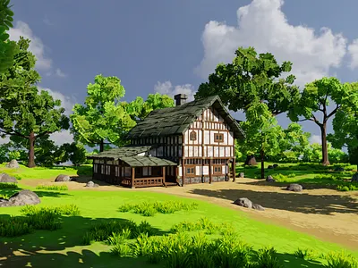 Medieval House 7 With Environment 3d 3dartwork 3dmodel art blender3d environment exterior fantasy forest game graphic design grass house landscape lowpoly medieval nature render rocks trees