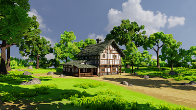 Medieval House 7 With Environment 3d 3dartwork 3dmodel art blender3d environment exterior fantasy forest game graphic design grass house landscape lowpoly medieval nature render rocks trees