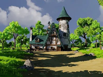 Medieval House 9 With Environment 3d 3dmodel art blender3d conceptart environment exterior forest game graphic design grass house landscape lowpoly medieval nature render rock tree