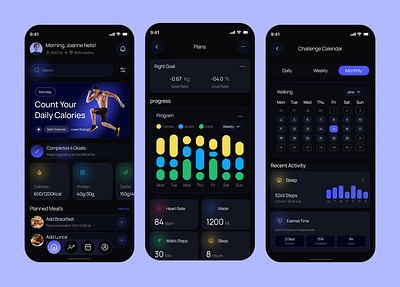 Fitness Mobile App app calendar dark design fitness fitness app fitness tracker gym gym app health mobile mobile app mobile app design mobile ui progress tracker ui ux wellness workout yoga