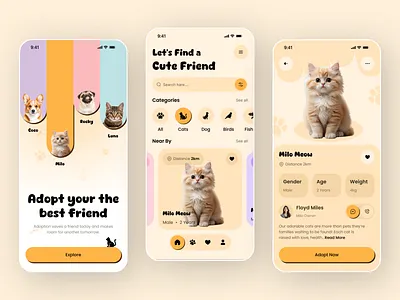Adopt Pet App UI Design adoption animal app cat clean concept cute design dog mobile pastel pet ui ux