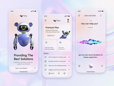 AI Conversational Chatbot App 3d ui ai app ai assistant ai assistant app ai chat app ai ux design bot chat chat app chat gpt chatbot chatbot ui chatgpt clean ui ios app minimal design mobile mobile app concept robot ui design
