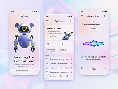 AI Conversational Chatbot App 3d ui ai app ai assistant ai assistant app ai chat app ai ux design bot chat chat app chat gpt chatbot chatbot ui chatgpt clean ui ios app minimal design mobile mobile app concept robot ui design