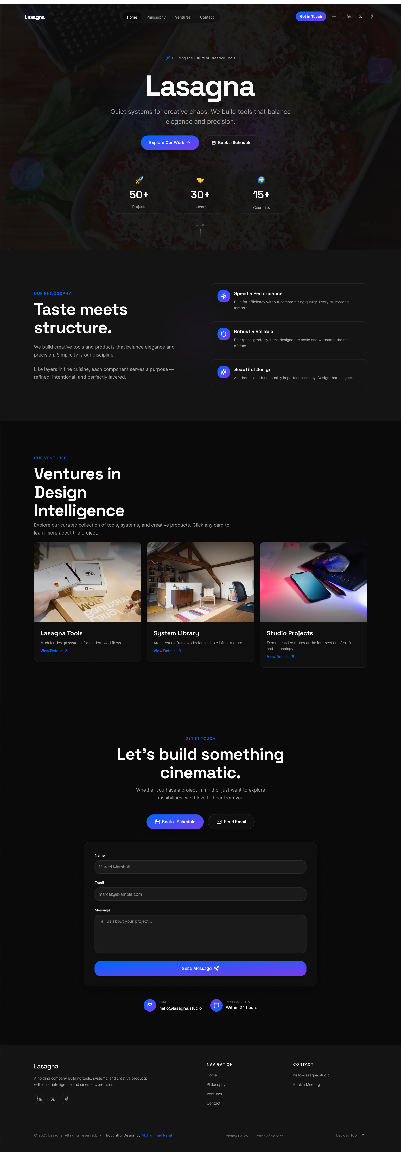 Lasagna —One Page Business Landing Site (Conceptual) agency animation branding creative agency design digital creators figma framer motion graphics ui
