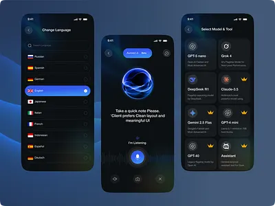 Aurora Chat — Smart AI Chatbot App ai ai app ai chatbot ai voice app app design chatbot conversational ai ios mobile mobile app smart ai smart assistant speech to text app voice recognition