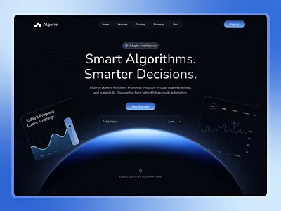 Algoryn – Landing Page ai interface algoryn uiux algoryn webdesign blue aesthetic clean ui concept design dark mode dark ui enterprise design interface design landing page modern web design product design saas design tech ui ui design ux design web design web uiux website ui