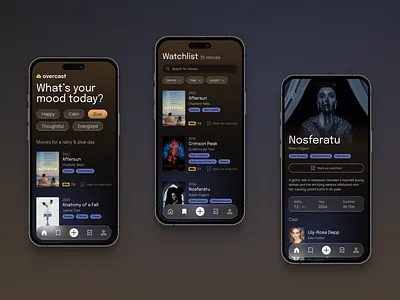 Overcast App — Smart Watchlist for Movie Lovers android app design clean ui concept dark dark mode film glass glassmorphism gradient ios liquid glass mobile movies product design ui watchlist