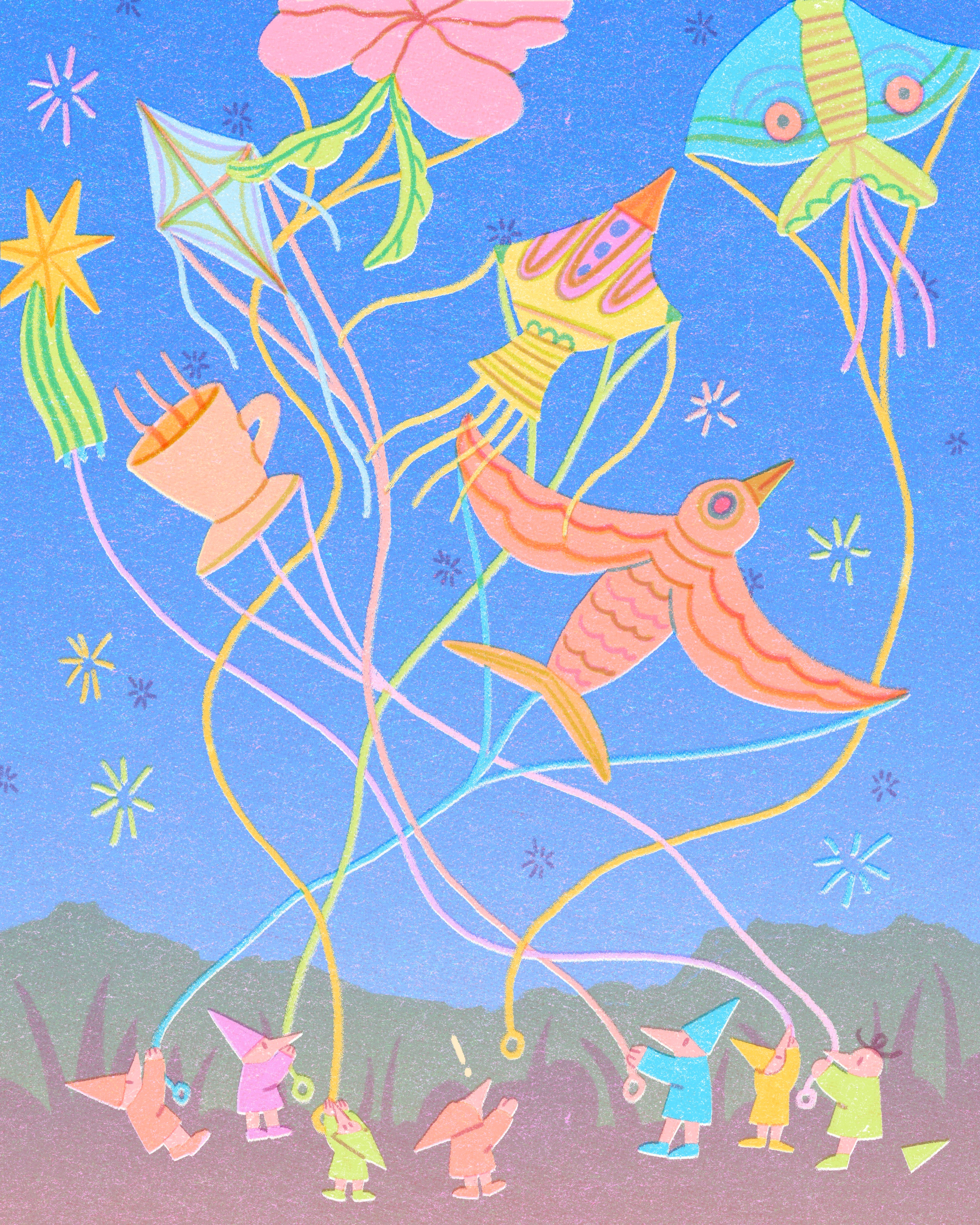 Flying Kites art artwork childrenillustration design festival illust illustration ipad kidlitillustration kite night peachtober peachtober25 photoshop poster sky star tweetyheather
