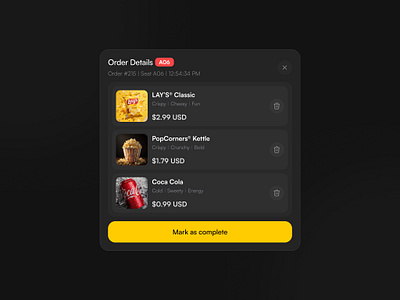 Snack Ordering: Card UI (Motion) card ui chip view cinema food list view microinteraction order card ordering