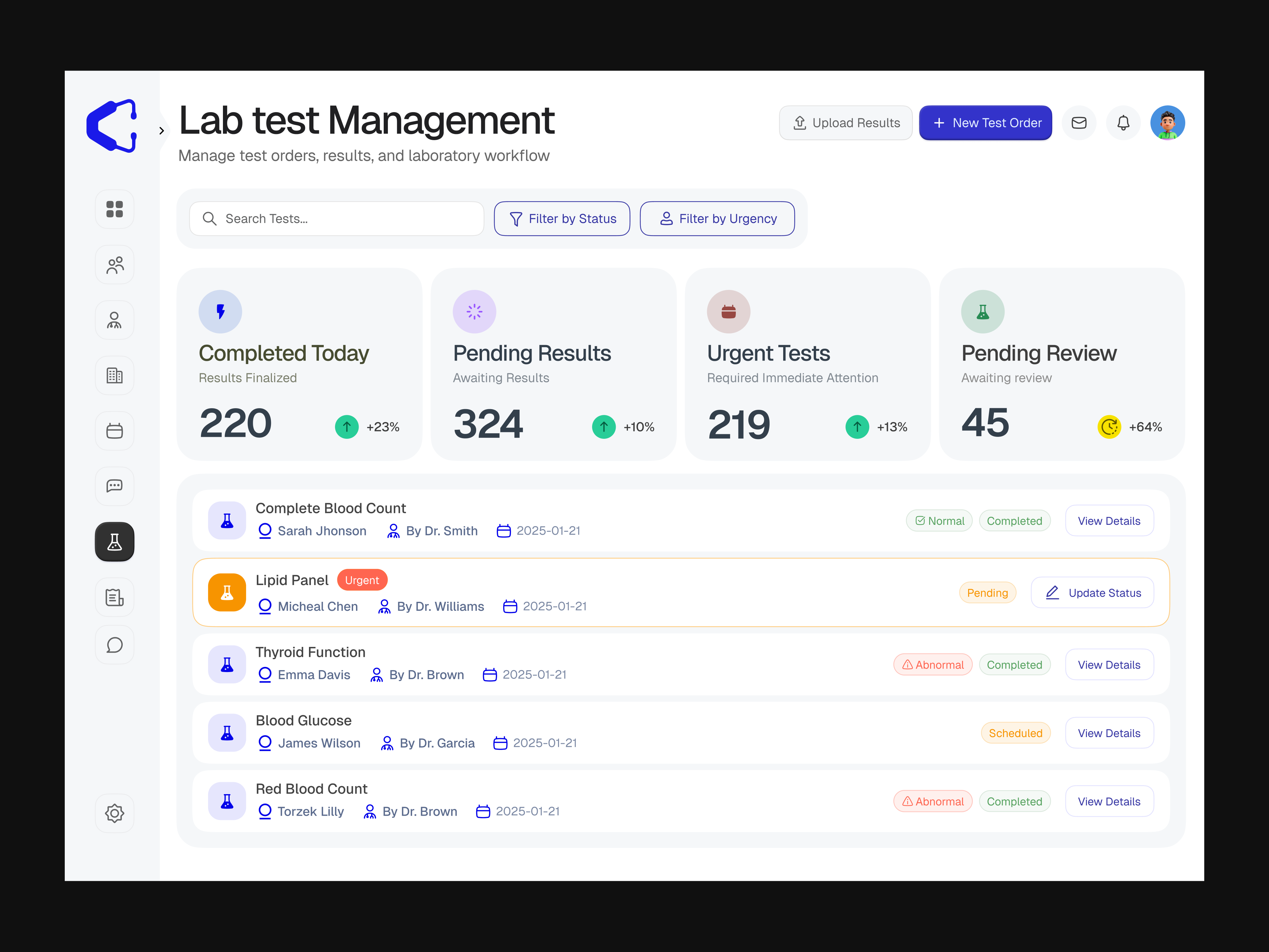 Clinico - Dashboard UX/UI Design for Labtest Management cleanuidesign clinicmanagement dashboardconcept datadashboard ealthtech healthcaredashboard hospitalui labtestmanagement medicalappdesign medicaldashboard moderndashboard productdesign saasdashboard ui uidesigninspiration uxuidesign