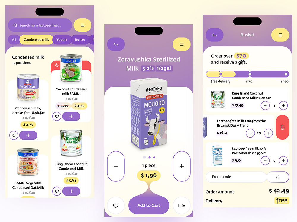 Online store of lactose-free products app busket catalog condensed milk e commerce e store free lactase gradient lactose intolerance milk online store porduct card purple shop ui ux web yellow