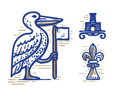 New Orleans Iconography antique bird branding castle classic coastal engraved flag fleurdelis french quarter icon design illustration linocut logo logo design logos louisiana new orleans packaging design pelican