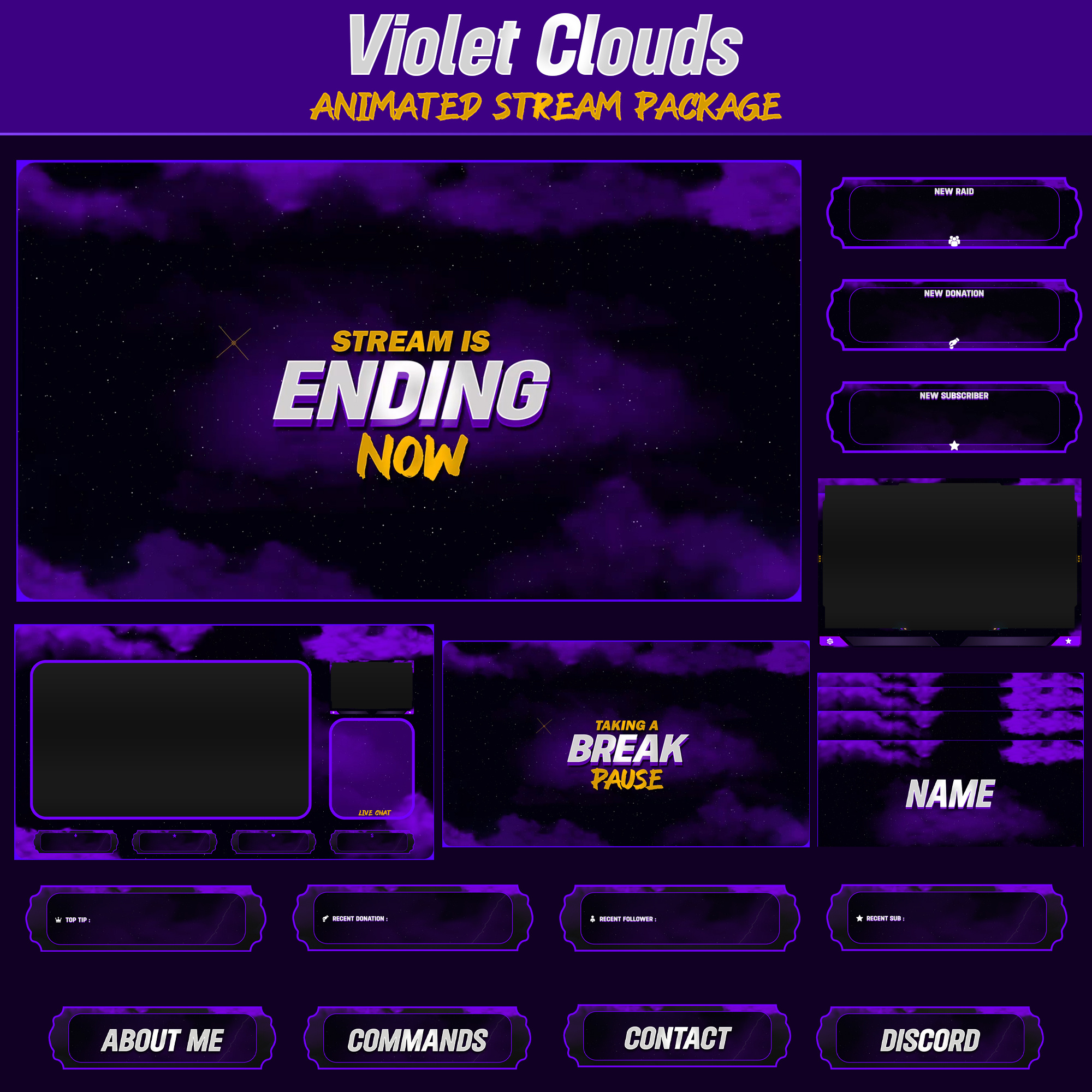 Violet Clouds Stream Overlay I Twitch Overlay animated stream pack facecam frame gaming overlay just chatting overlay kick overlay live stream design live stream overlay obs overlay starting soon screen stream package stream panels stream screens streaming graphics streamlabs overlay twitch alerts twitch overlay twitch stream pack vectorkingstudio vtuber overlay youtube overlay