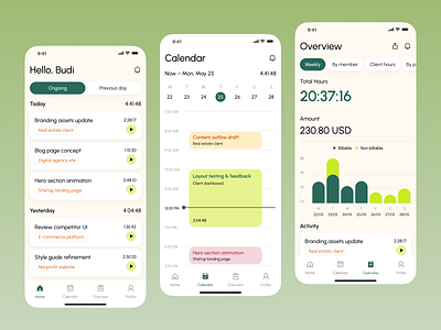 UI Time Tracker App analytics bill billing calendar chart clean figma freelance invoices management minimal productivity project report scheduling team time timer timesheet tracker