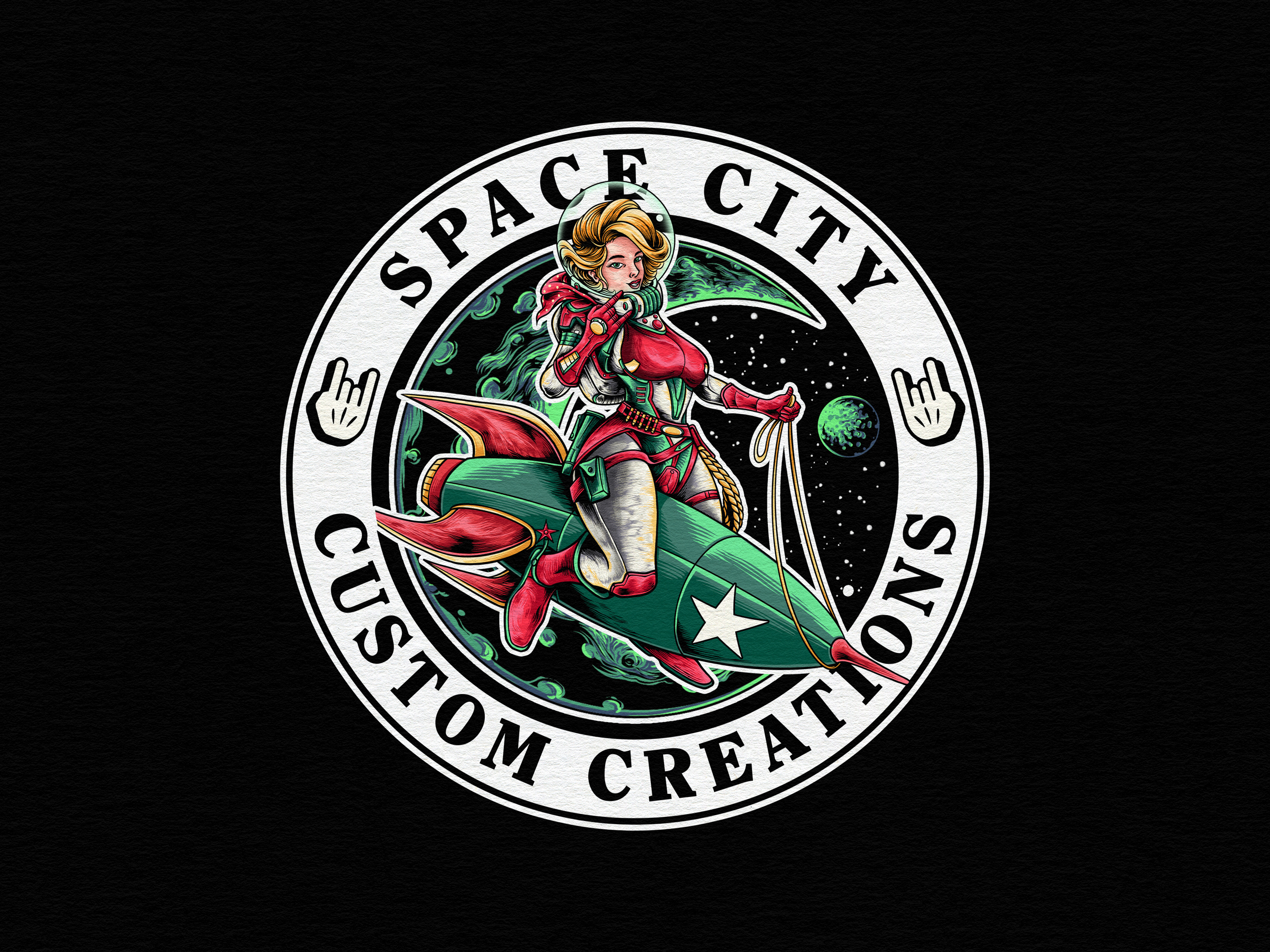 Space City Custom Creation - Logo Illustration apparel artwork astronaut badge logo branding cowboy cowgirl drawing galaxy graphic design hand drawn horn hand illustration logo mascotdesign merchandise rocket space city t shirt western