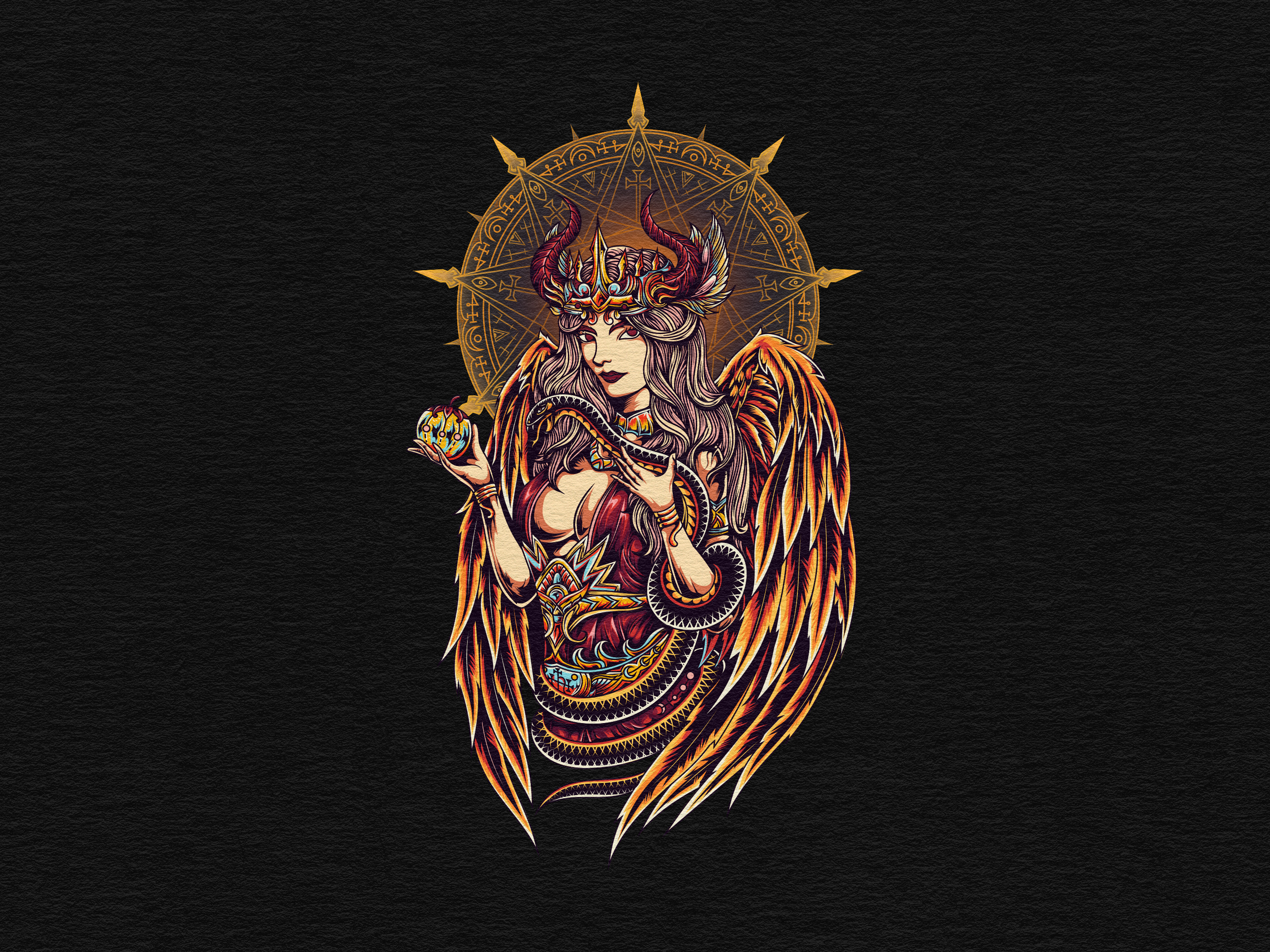 Temptation – The Fallen Angel angel apparel artwork dark illustration darkangel darkgoddess demon detailedart devil devil fruit edenstory graphic design illustration merchandise sexy angel snake temptation vector wings witch