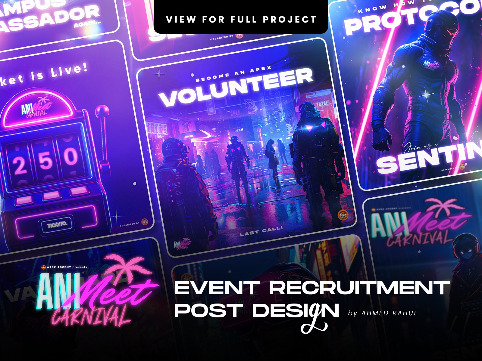 AniMeet Carnival | Event Branding: Recruitment Posts ahmed rahul ahmedsky ai image ai social media post animeet carnival 2025 apex ascent branding cyberpunk design cyberpunk event event branding design event recruitment design funk theme futuristic post design neon theme recruitment post design recruitment post design ideas retro futuristic world design social media post design social media post design ideas trend