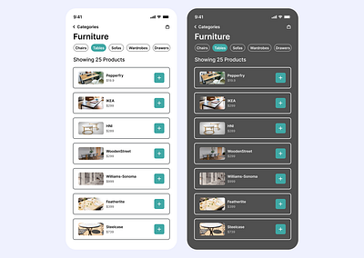 Dual-Mode Mobile UI: Product Listing for a Furniture App dark mode e commerce furniture app light mode theme switch