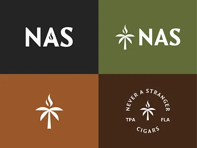 NAS Cigars - Crafting a Brand Identity alcohol badge logo brand design brand identity brand identity design branding cigars design flame florida illustration logo logo design logo designer minimal palm tree social spirits tampa tobacco