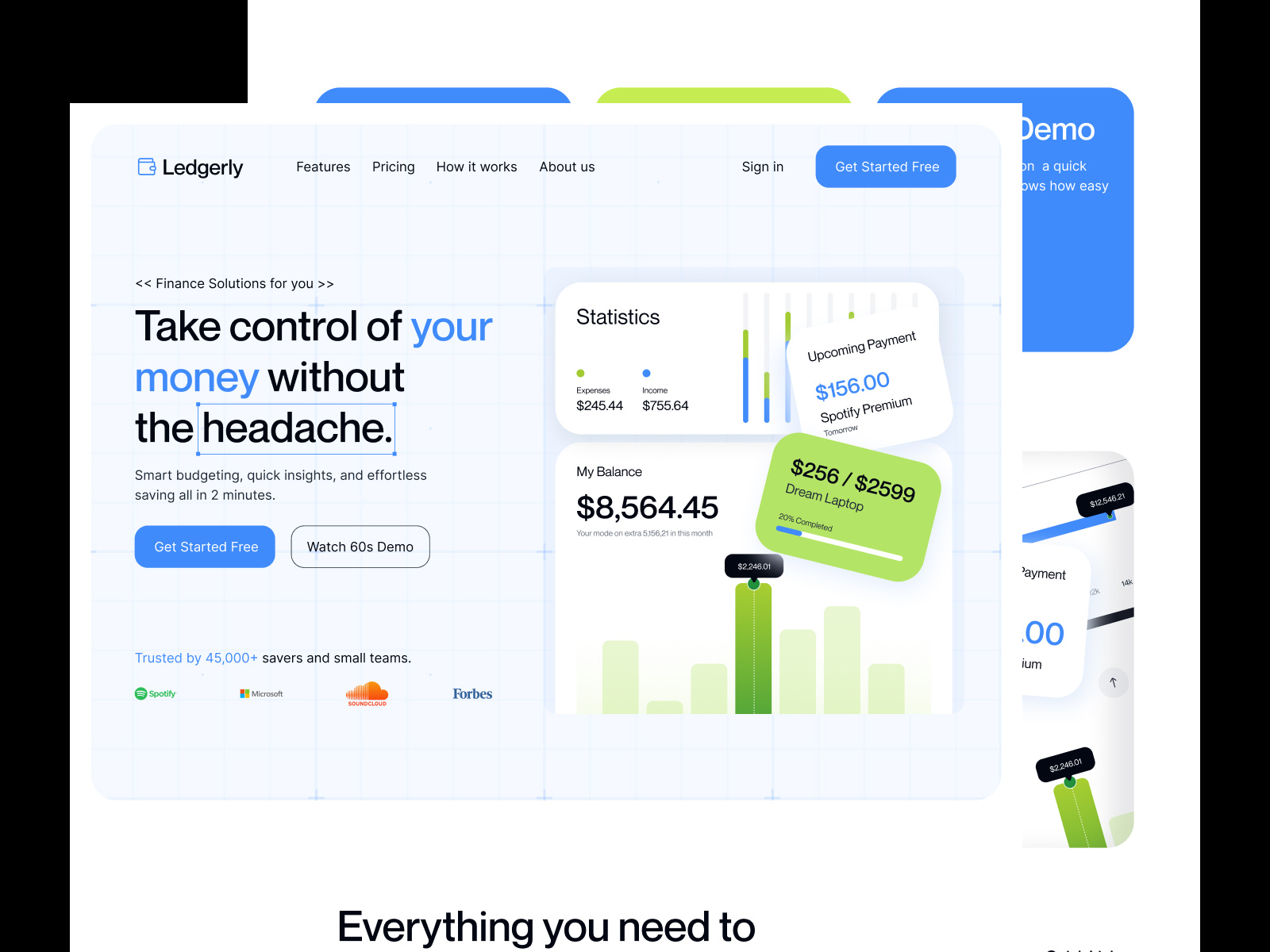 Ledgerly- finance website design banking ui figma design finance app finance website fintech genz design graphic design home page landing landing page landing page design landing website managment ui minimal website saas ui ui ux web3 website website design