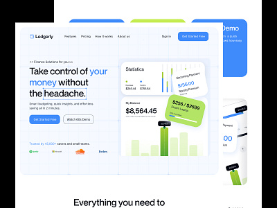 Ledgerly- finance website design banking ui figma design finance app finance website fintech genz design graphic design home page landing landing page landing page design landing website managment ui minimal website saas ui ui ux web3 website website design