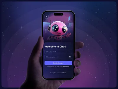 Chat App | Welcome Screen | Mascot | AI Assistant | Sign Up Page ai assistant ai onboarding animation app design app interface app onboarding call to action character design cta mascot mascot character mobile mobile app design mobile design mobile interface modern design product design sign up ui ux welcome screen