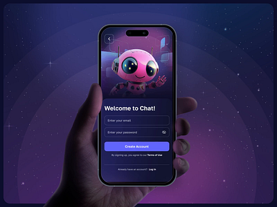 Chat App | Welcome Screen | Mascot | AI Assistant | Sign Up Page ai assistant ai onboarding animation app design app interface app onboarding call to action character design cta mascot mascot character mobile mobile app design mobile design mobile interface modern design product design sign up ui ux welcome screen