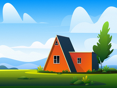 Flowing architecture art illustration blue cloud design digital art digital illustration draw green house illustration mountain natural scenery nature orange painting sky tree vector vector illustration