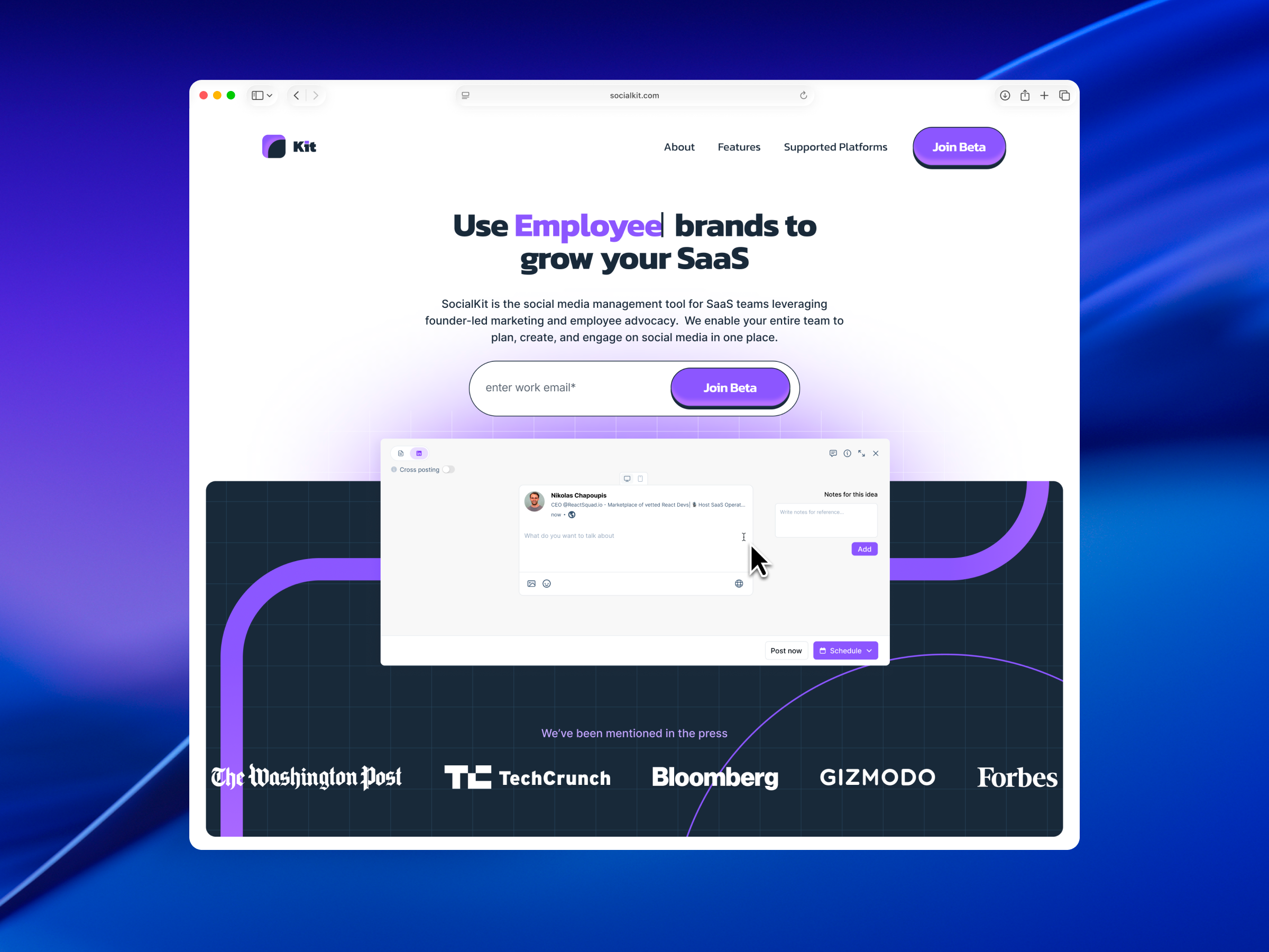 Hero Section - SocialKit (Social media management tool) hero landingpage saas landing page socialmediamanagement ui vector