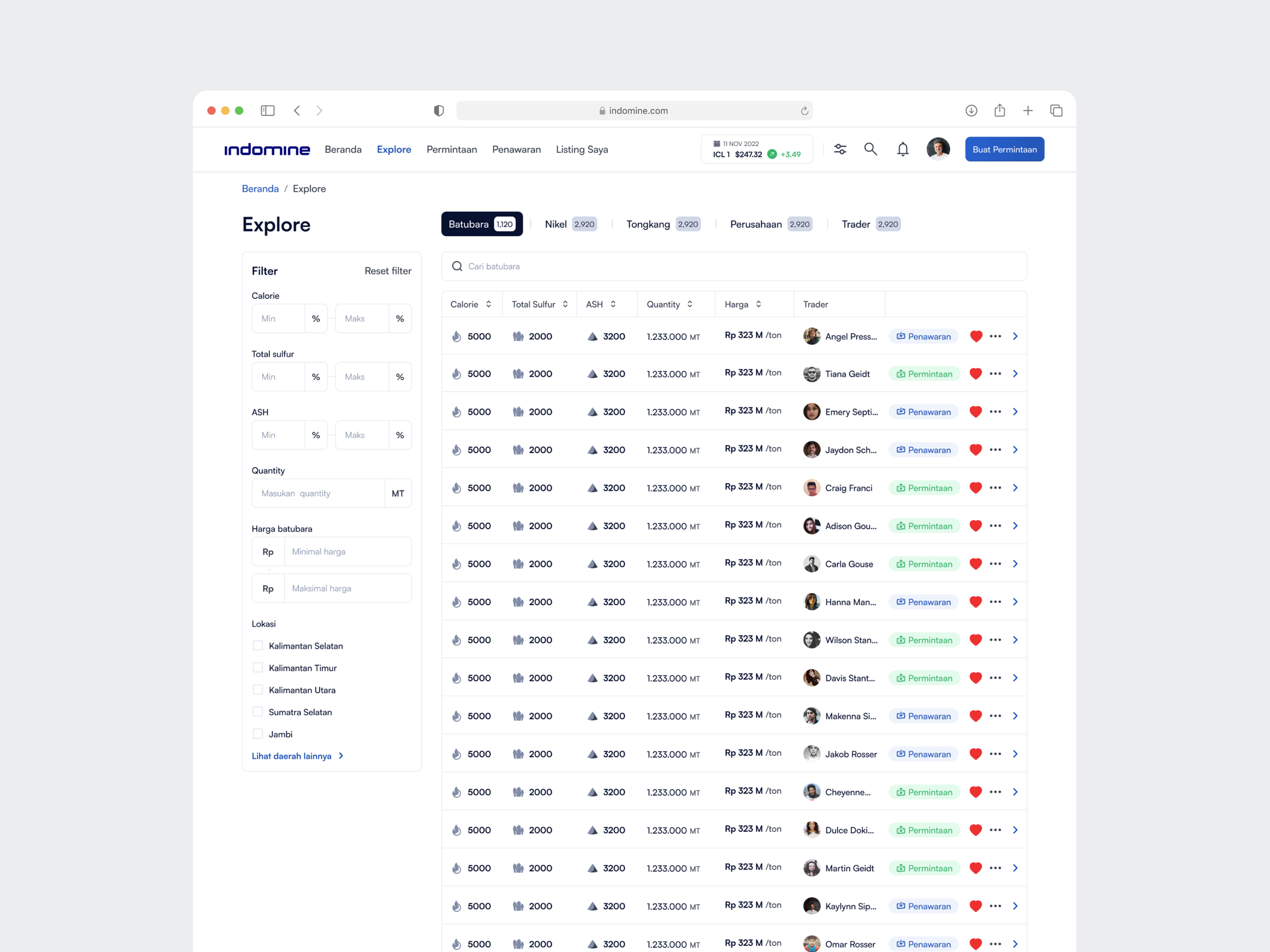 Indomine - Coal Listings Commodity Page in Mining Marketplace coal coal listing dashboard design explore page landing page listing marketpace mining nickel online store product design renting barges saas saas design traders ui ux web app web design
