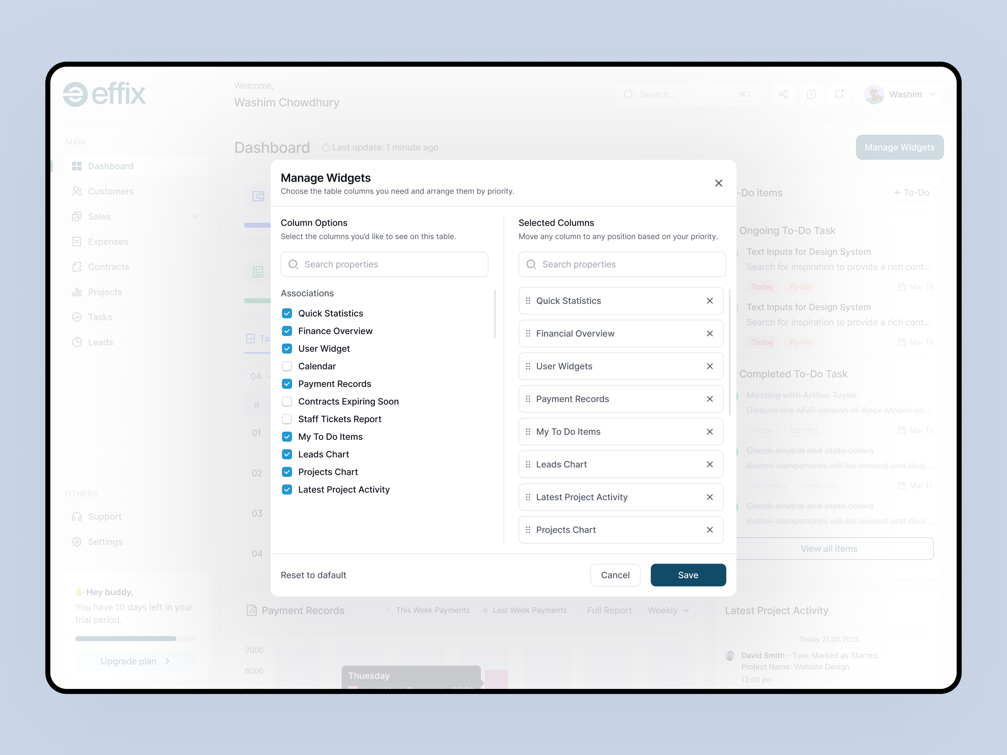 Effix - CRM Widgets Modal admin widgets cart choice components crm dashboard dashboard widgets filllodesign filter manage widgets management modal product design saas selection sorting tool ui ui design widgets