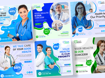 Medical Health Social Media Post Design Set banner cleanick graphic design health illustration instragram medical meidcal health post poster set social media