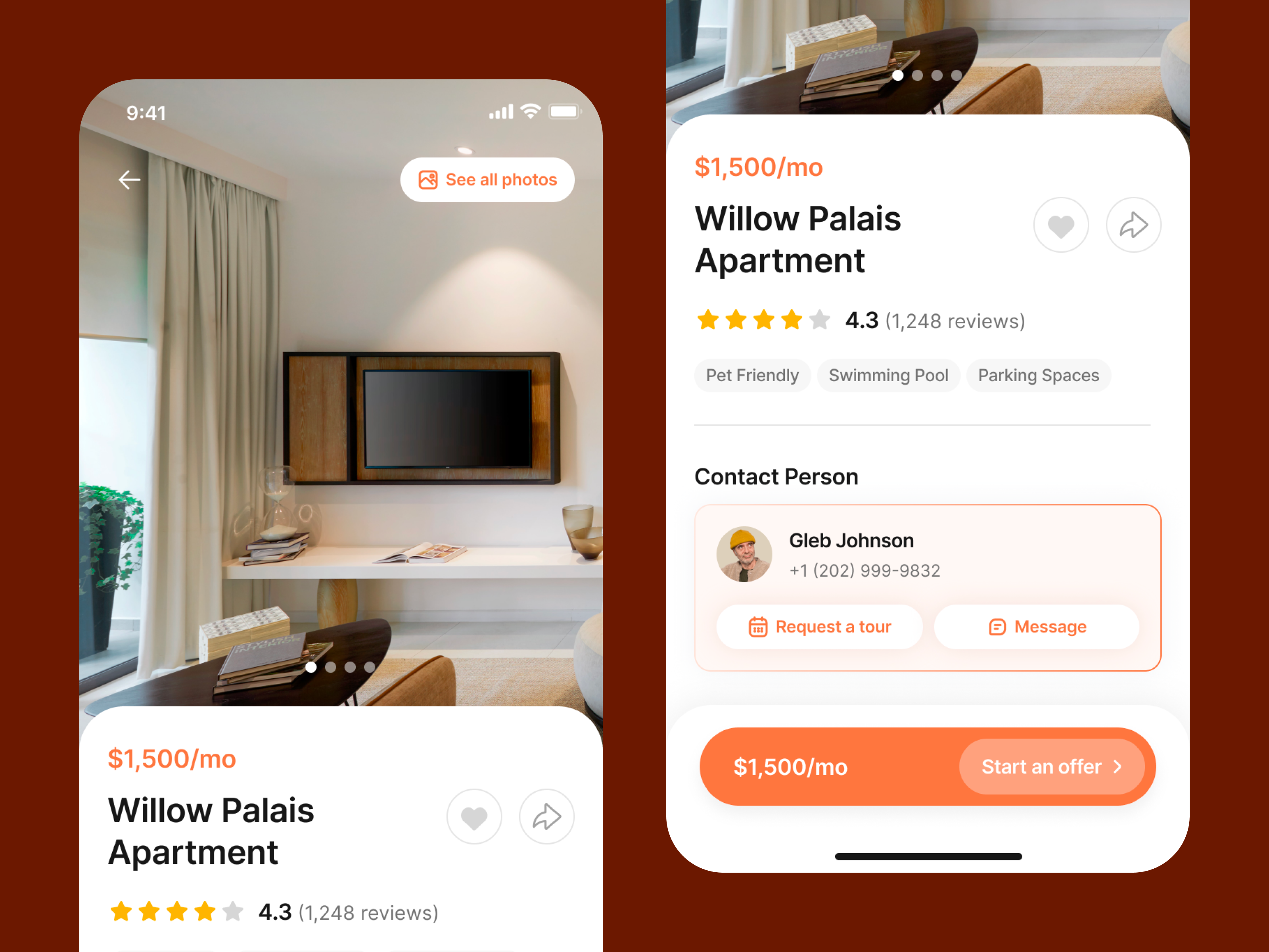 Renta: Apartment Listing Details airbnb apartment details apartment listing apartment rent clean home rent house rent ios app listing details mobile app design property rent real estate app rent app rental app renting search apartment ui ui design user interface ux