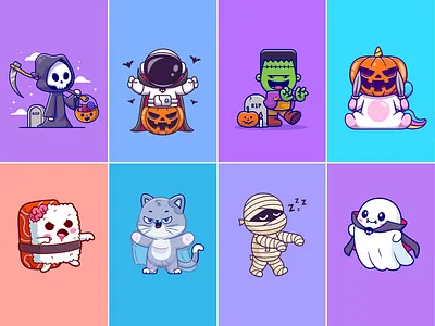 Halloween Series Character🎃👻🍬🕸️🦇 animals astronaut branding cat character cute doodle flat frankenstein ghost halloween horror icon illustration logo mummy pumpkin spooky vampire witch