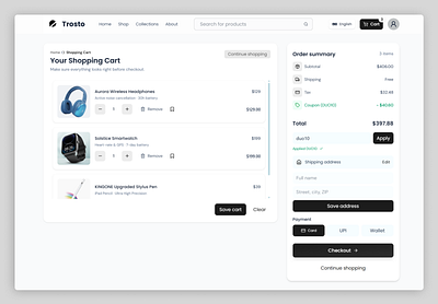 Shopping Cart UI Design - Day 58 of DailyUI cart ui design ecommerce ecommerce ui figma modern ui saas ui shopify shopping cart shopping ui ui ui design ui ux web design webflow