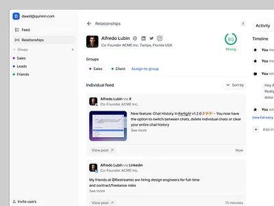 Relationship CRM - Contact Profile activity aggregate aggregation clean design contacts crm dashboard design feed posts posts feed product design relationship relationship crm relationships ui ui design ui ux ux