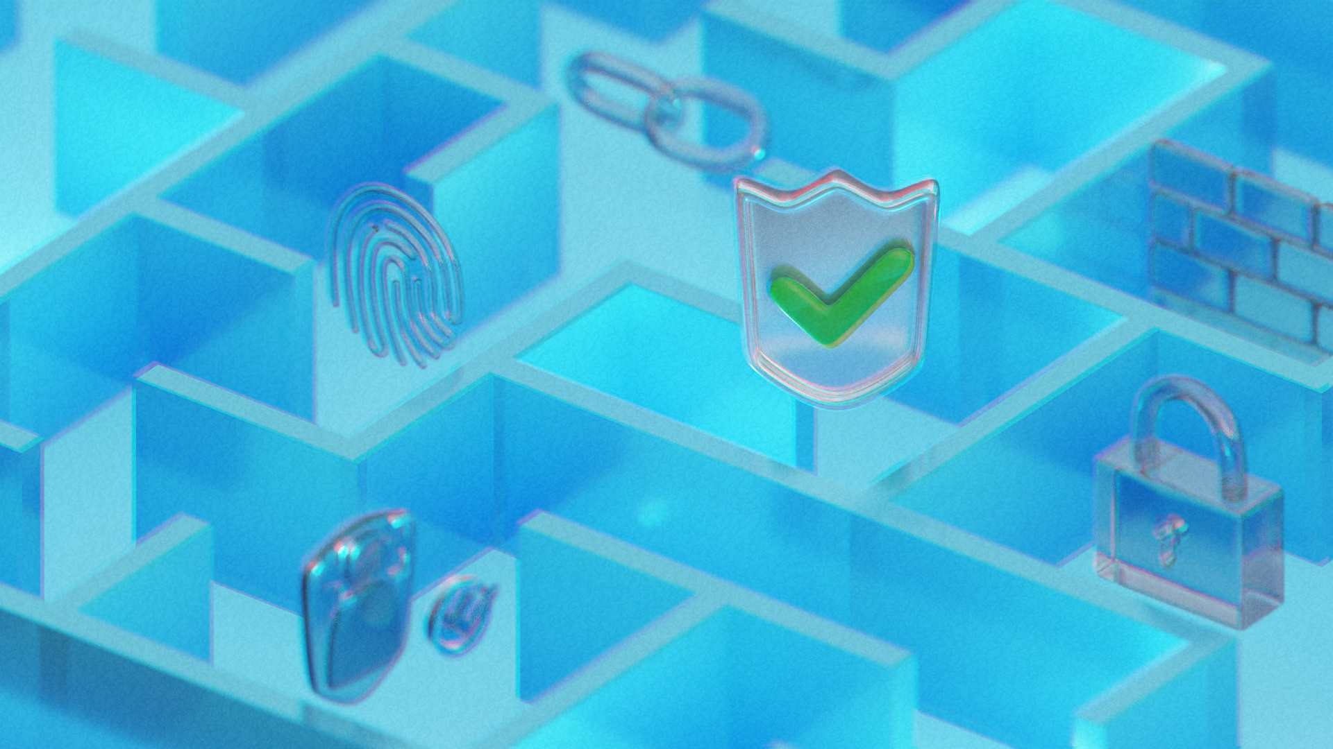 Cyber Security Maze - 3D Illustration 3d 3d illustration blender blue pallete cyber security data protection digital safety firewall futuristic illustration isometric labyrinth mase privacy shield