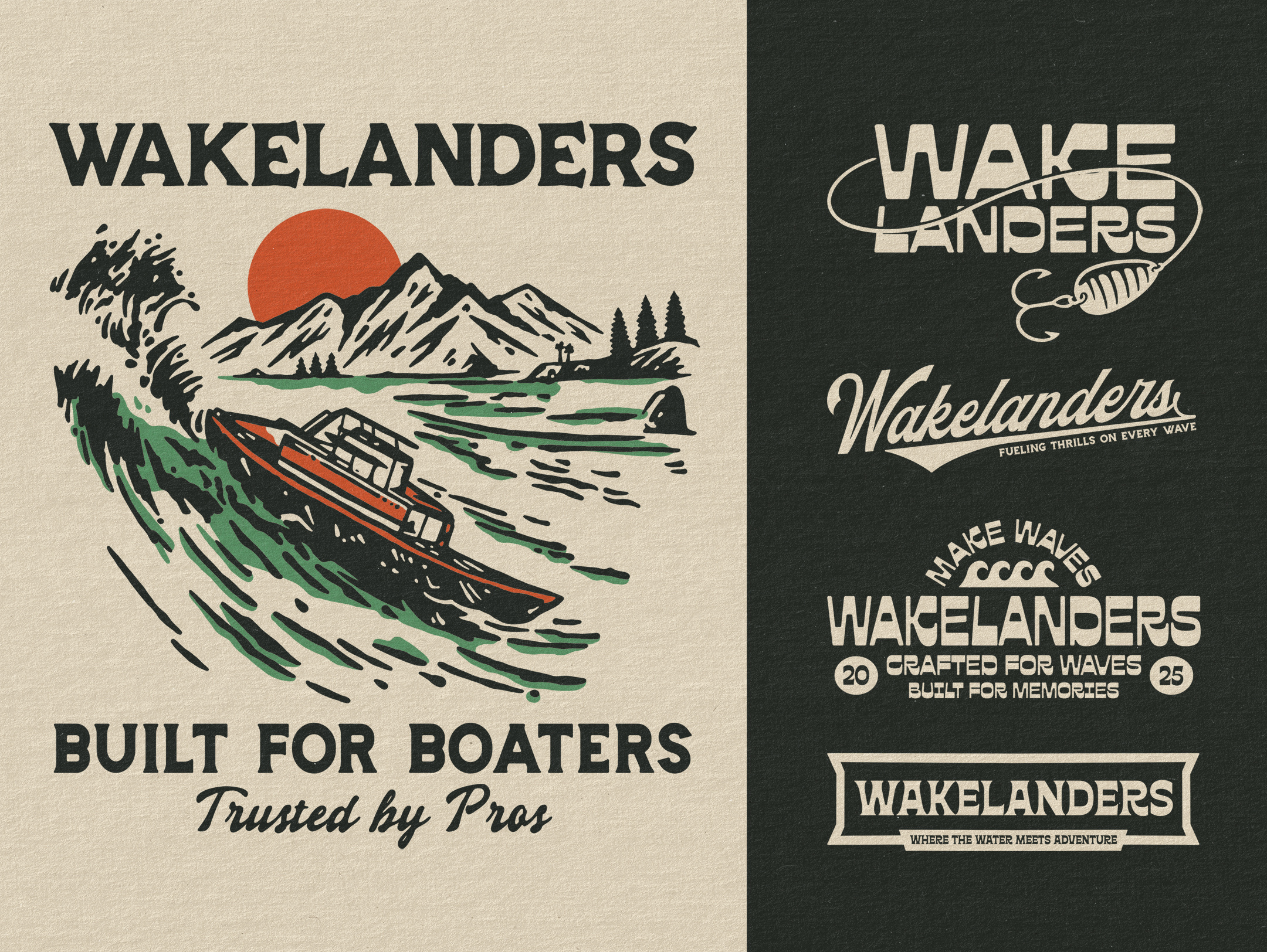 Wakelanders Branding Design badge boat branding graphic design illustration logo mountain vintage branding vintage sign waves