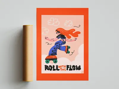 Roll with the flow balkans cassette character dance ehxibition fast flow girl graphic design illustration music nostalgia poster procreate roll roller roller skates skate tape vibes
