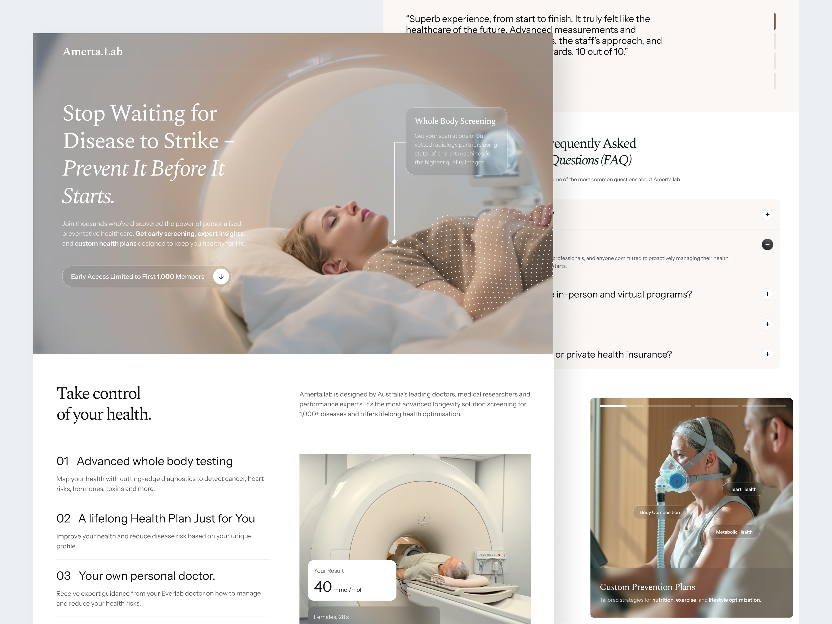 Amerta.Lab - Longevity Healthcare Squeeze Page alternative health biomaker digital health future of health health app health tech health treatment healthcare hospital landing page longevity longevity medicine longevity mri medical expertise medtech metabolic health personalized health preventive care telemedicine wellness