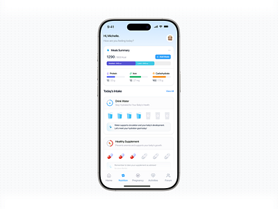 Pregnancy Nutrition Tracker app apple apple app blue chart clean design food tracking health healthcare ios minimal mobile pregnant product saas stats tracking ui white