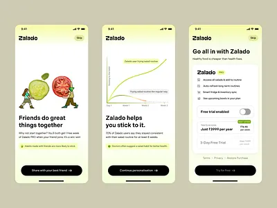 Zalado® — Upgrade & Referral Flow design strategy diet growthdesign healthyroutine ios iosapp kitchen mobile app paywall product design recipe recipe app referral salad salad app social proof upgrade