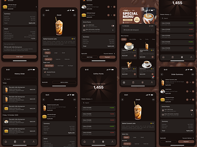Coffee Shop App Mobile — Order Ahead, Customize, and Sip coffe shop dark mode app coffee coffee app coffee point coffee point mobile app coffee shop coffee shop app mobile dark mode design dark mode mobile app detail order detail order coffee shop history order history order mobile app mobile app order summary order summary app mobile order summary coffee shop point mobile app
