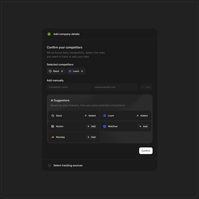 Onboarding for AI-powered competitor radar for SaaS founders 🌚 ai b2b b2c competitors dark mode dialog modal onbaording progress saas steps