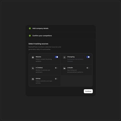 Onboarding for AI-powered competitor radar for SaaS founders 🌚 ai b2b b2c competitors onboarding progress saas source steps