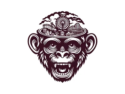 Monkey Mind Circus Engraving Logo animal ape brand branding chimp circus city crazy for sale illustration logo mark mind monkey nagual design