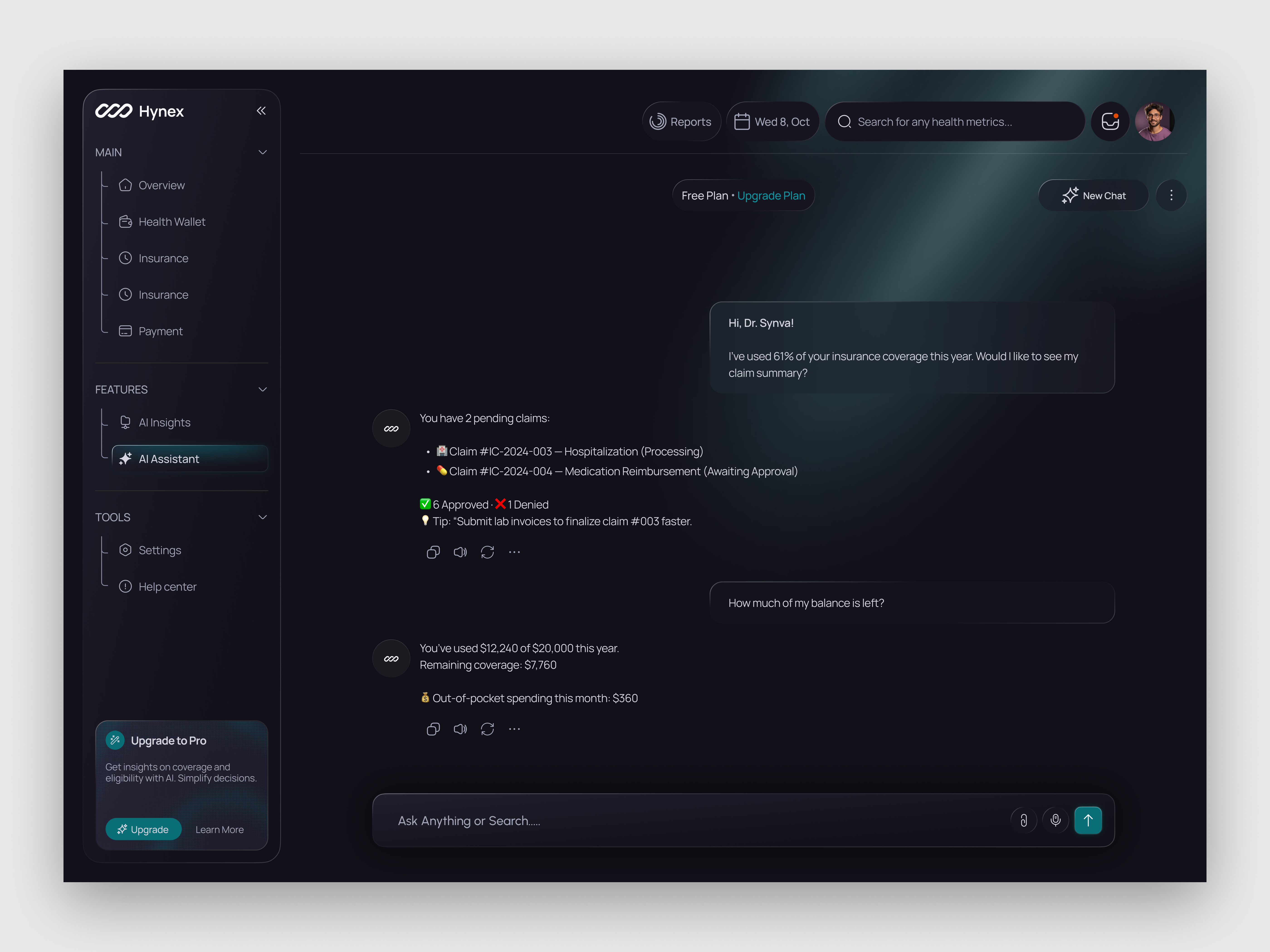 Hynex Dashboard Design | Smart AI Assistant ai assistant chatbot dark mode dashboard dashboard concept dashboard design dashboard interface dashboard ui data visualization health management dashboard healthcare healthtach product design saas dashboard web web app design web design web ui website