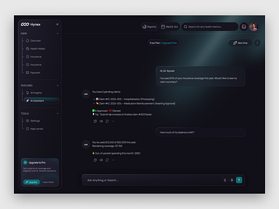 Hynex Dashboard Design | Smart AI Assistant ai assistant chatbot dark mode dashboard dashboard concept dashboard design dashboard interface dashboard ui data visualization health management dashboard healthcare healthtach product design saas dashboard web web app design web design web ui website