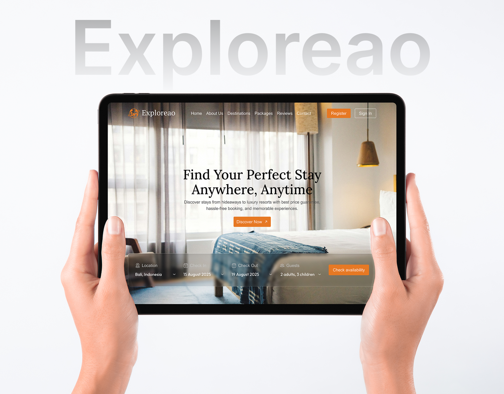 Exploreao – Modern Hotel Booking Platform Landing Page clean ui figma landing page design luxury hotel booking minimal design ui design uiux design user experience design user interface design ux design website design