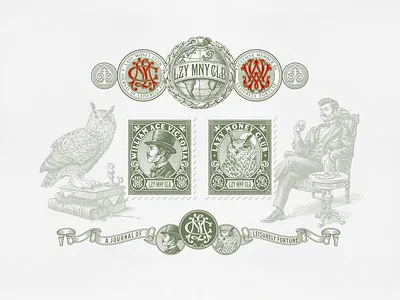 Lazy Money Club - Branding Elements arwork bank branding design drawing engraving gentleman globe graphic design illustration logo money monogram stamp vintage